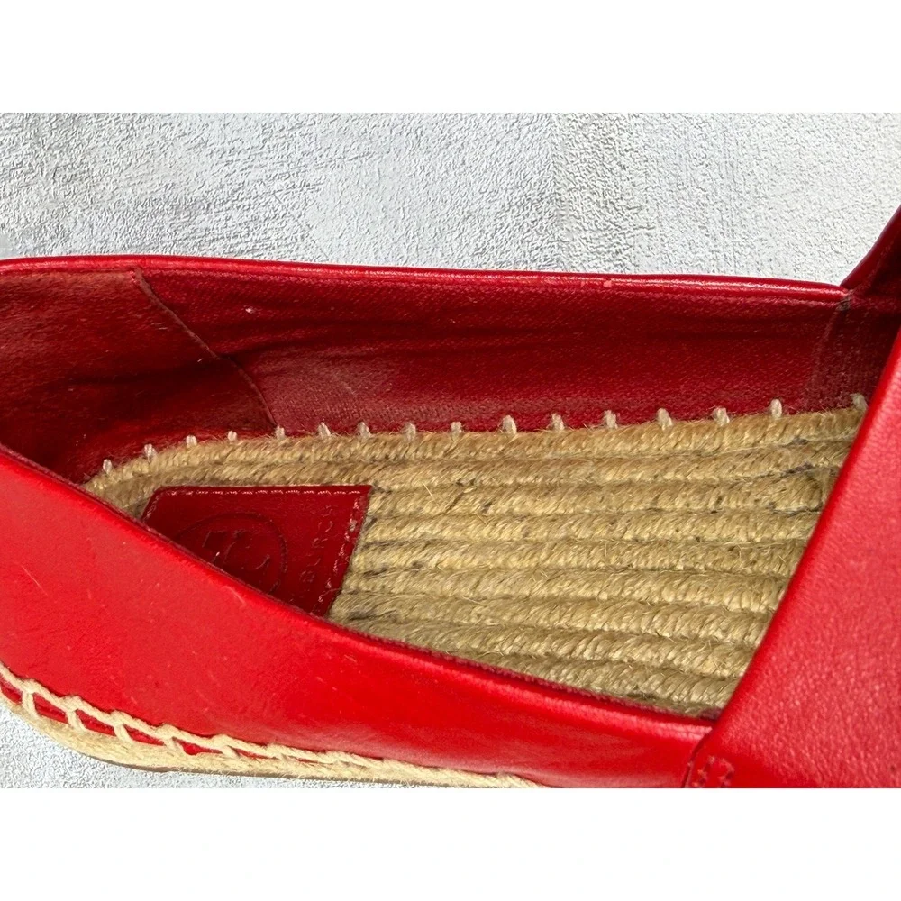 Tory Burch Ines Red Leather Espadrille Flats Double T Logo 52035 Womens 6.5M